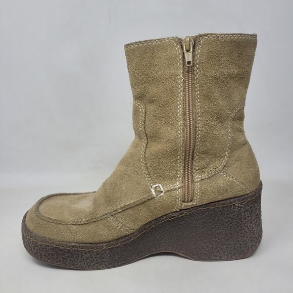 Vintage Bongo Boots 8 Tan Brown Suede Platform Wedge 90s Y2K Retro Chunky Ankle - Picture 6 of 12